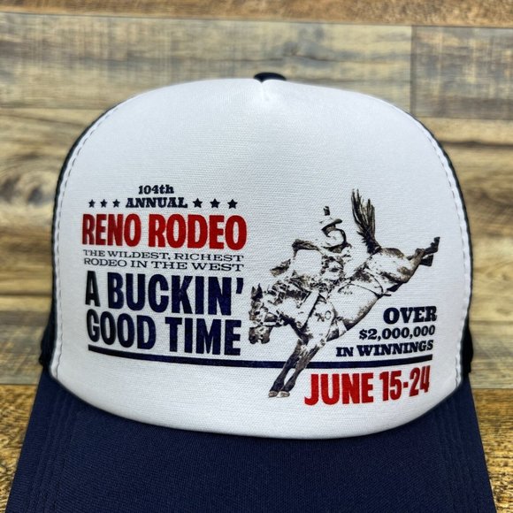 Vintage Reno Rodeo Mens Trucker Hat Navy Snapback Nevada Bull Riding Cowboy Cap - Picture 3 of 8